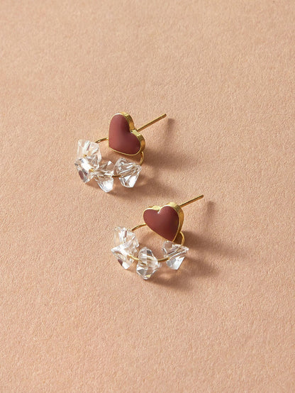 Trendy Ladies Jewellery Transparent Beads Gold Circle Red Heart Stud Earrings-2