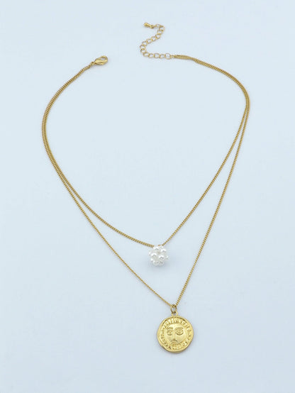 Personality Jewelry Double layer Gold Chain Pearl Ball Face Round Charm Necklace-2