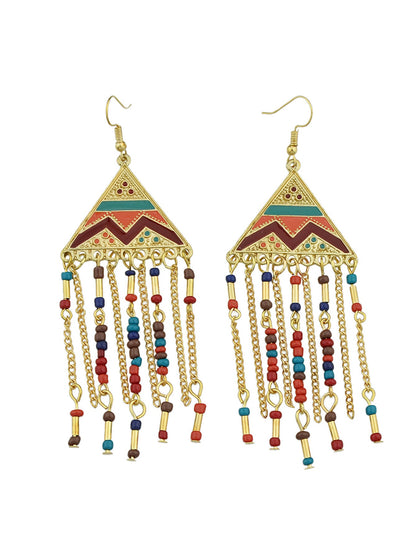 Triangle Colourful Enamel Beads Long Chain Tassel Ethnic Jewellery Boho Earrings-2