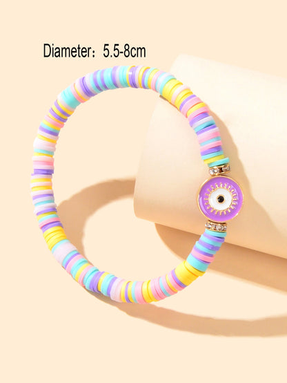 Heishi Surfer Handmade Evil Eye Rainbow Vinyl Disc Beaded Stretchy Bracelet Gift-2