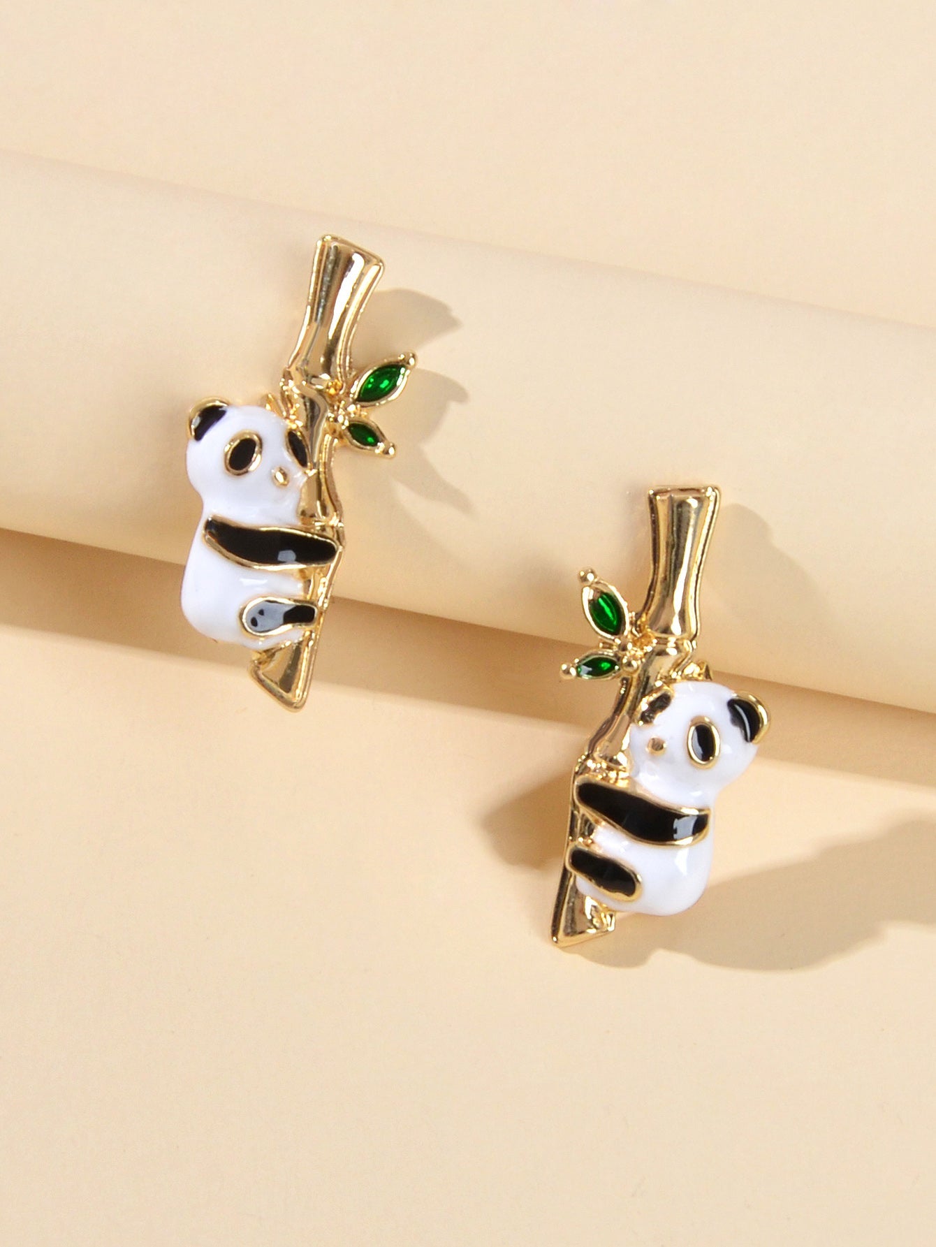 Lovely Gold Bamboo White Black Enamel Panda Stud Earrings Dainty Women Girl Gift-2