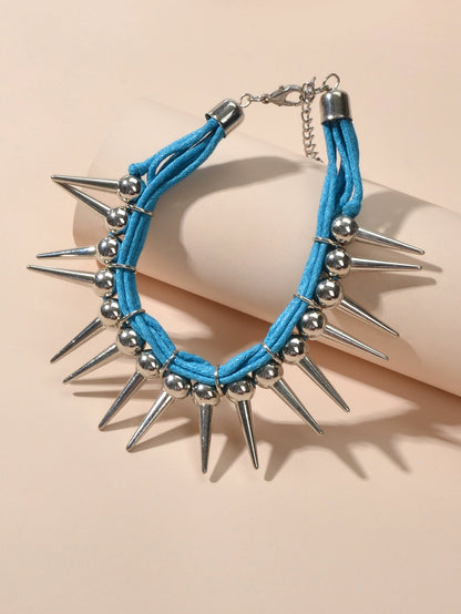 Grunge Punk Rock Jewelry Blue Pu Leather Multi-layer Chain Silver Spike Bracelet-2