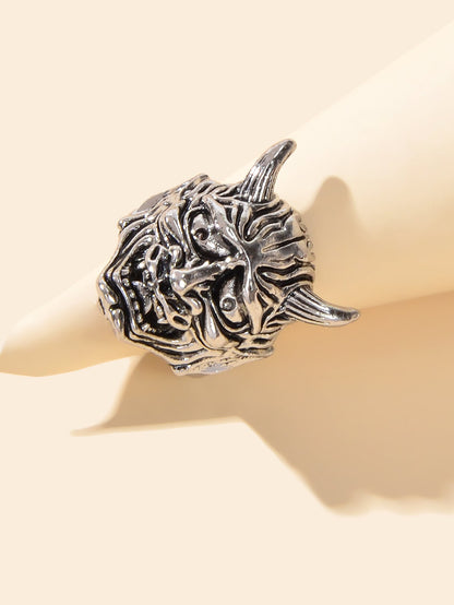 Steampunk Hip Hop Style Antique Silver Exaggerated Monster Head Horn Finger Ring-2