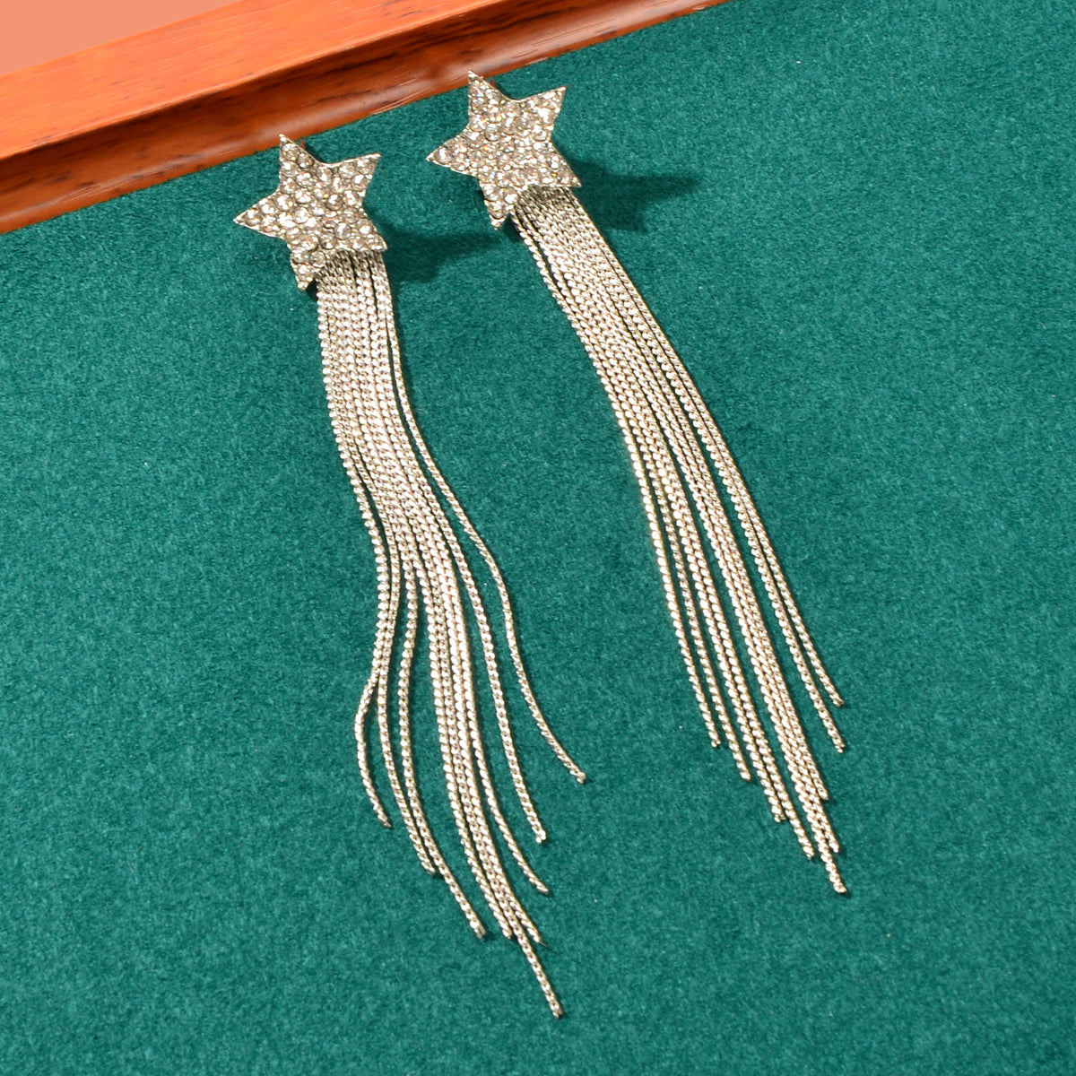 Elegant Luxury Rhinestone Decor Star Long Silver Chain Tassels Dangling Earrings-2