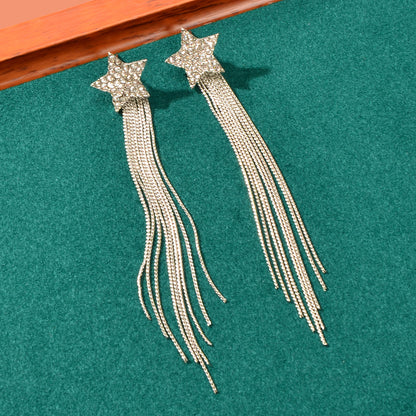 Elegant Luxury Rhinestone Decor Star Long Silver Chain Tassels Dangling Earrings-2
