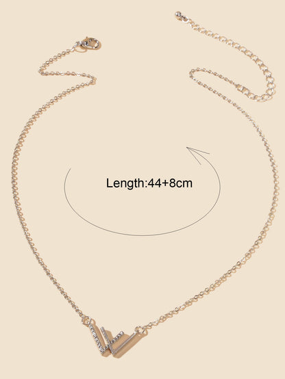 Minimalist Jewelry Rhinestone Decor Silver Chain V Shpe Geometric Charm Necklace-2