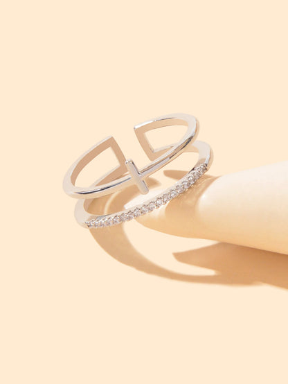 Designer Stylish Rhinestone Decor Silver Hollow out Cross Open Cuff Finger Ring-2