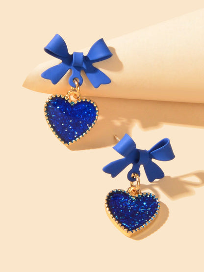 Romantic Blue Bow Heart Dangle Earrings Valentine's Day Love Girl Gift Jewellery-2