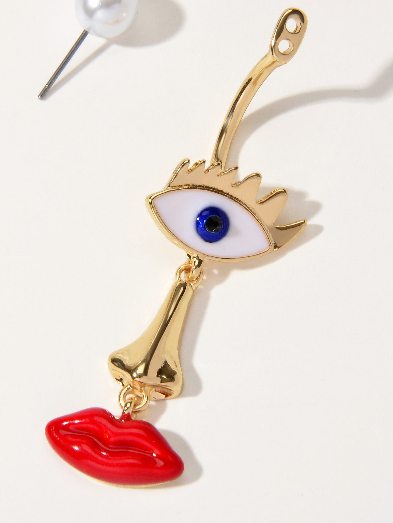 Grunge Rock Asymmetrical Eye Nose Red Lips Funny Weird Face Pearl Stud Earrings-2