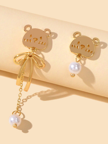 Asymmetrical Pearl Decoration Gold Long Chain Bear Dangle Stud Pierced Earrings-2