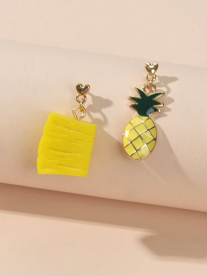 Creative Enamel Yellow Resin Pineapple Asymmetric Fruit Pierced Earrings Gift-2