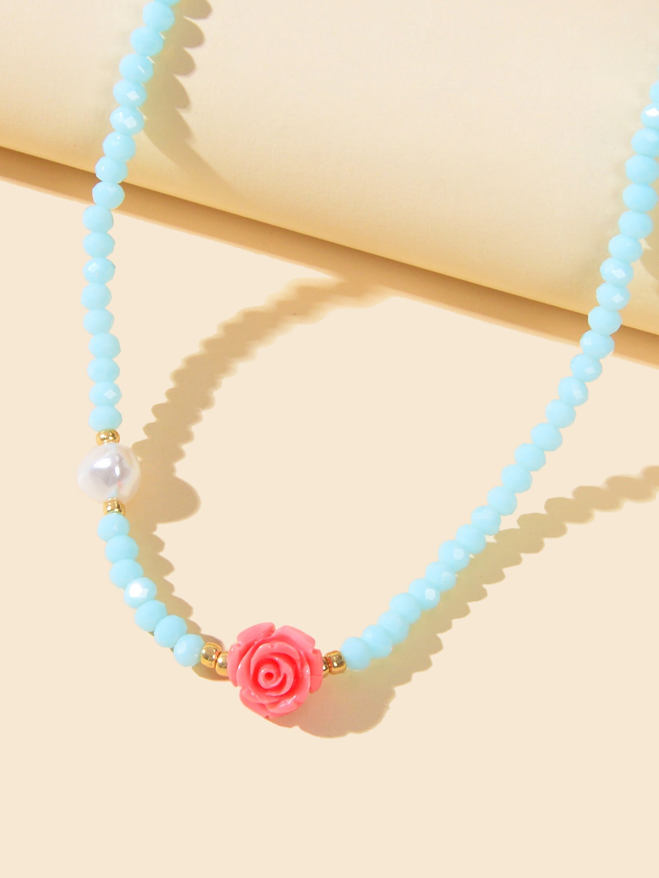 Pearl Red Resin Flower Decoration Blue Beads Short Collar Clavicle Necklace Gift-2