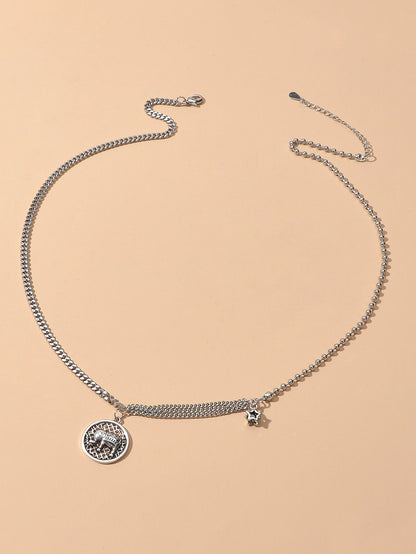 Intricate Antique Silver Multiple Chain Star Elephant Hollow Round Necklace Gift-2
