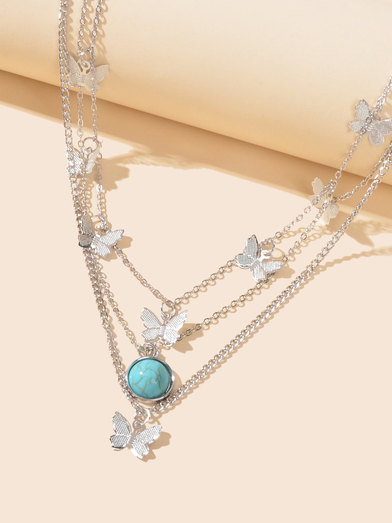 Ethnic Silver Multi-layer Chain Butterfly Turquoise Collar Bohemian Necklace-2