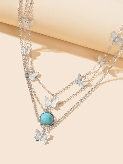 Ethnic Silver Multi-layer Chain Butterfly Turquoise Collar Bohemian Necklace-2