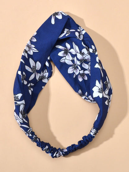 Ethnic Wide Headband White Flower Blue Stretch Elastic Turbans Stylish Hair Band-2