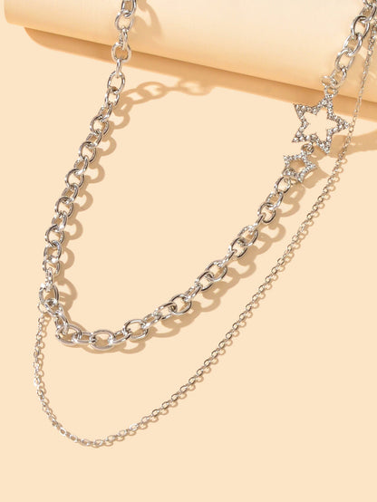 Designer Style Rhinestone Decor Gold Layered Chain Star Charm Clavicle Necklace-2
