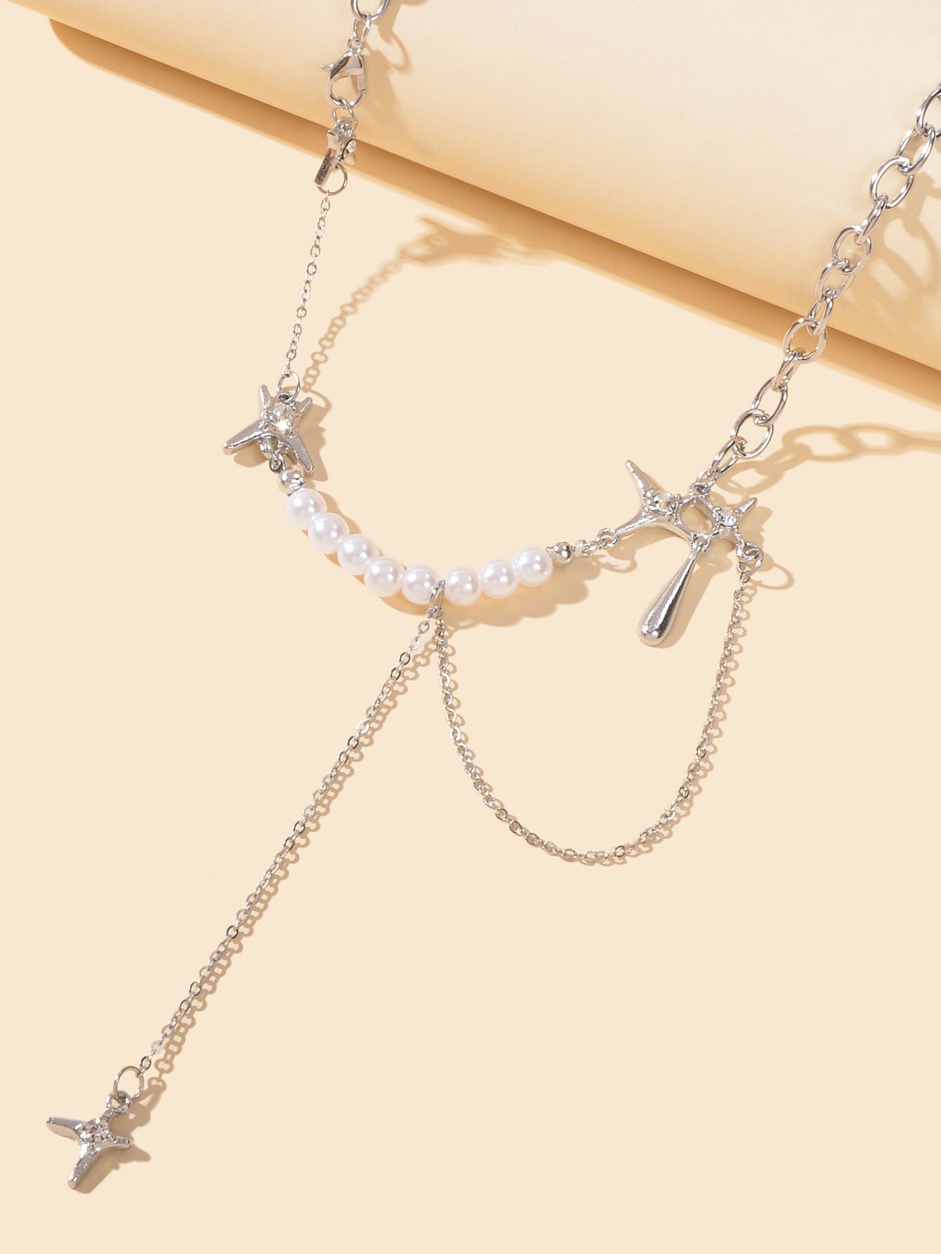Multiple Silver Chain Star Charm Pearl Decoration Clavicle Necklace Costume Gift-2