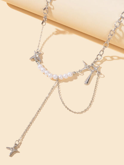 Multiple Silver Chain Star Charm Pearl Decoration Clavicle Necklace Costume Gift-2
