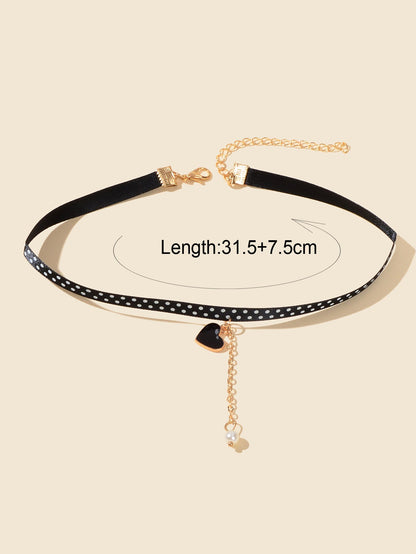 Retro 90s Dots Black Ribbon Collar Tattoo Choker Heart Charm Gold Chain Necklace-2
