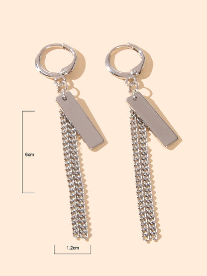 Hip Hop Silver Huggie Tassel Metal Plates Dangle Hoop Earrings Round Earstud-2