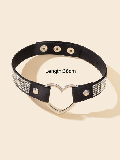 Heart Adjustable Choker Rhinestone Decoration Punk Necklace Goth Cosplay Jewelry-2