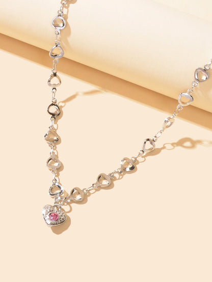 Birthday Anniversary Jewelry Titanium Steel Pink Rhinestone Heart Charm Necklace-2