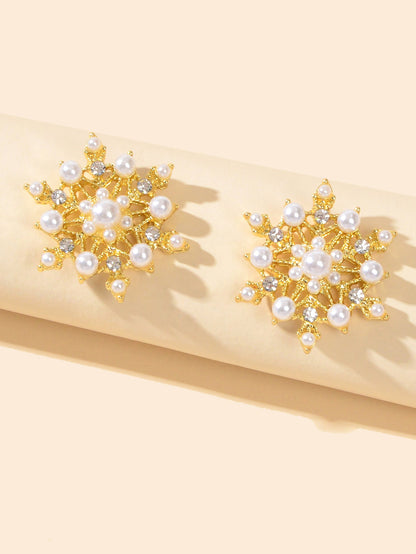 Pearl Rhinestone Gold Snowflake Stud Earrings Women Christmas Party Decoration-2