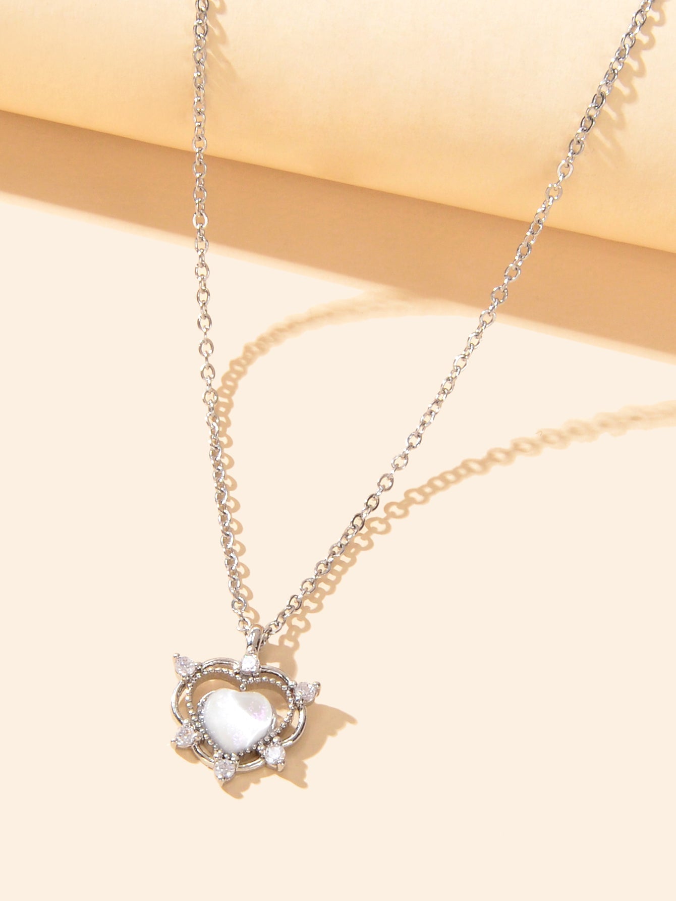 Exquisite Silver Chain Rhinestone Opal Decor Heart Pendant Necklace Gift Jewelry-2