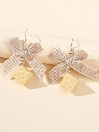Sweet Beige Lattice Ribbon Bowknot Cheese Charm Dangling Elements Hook Earrings-2