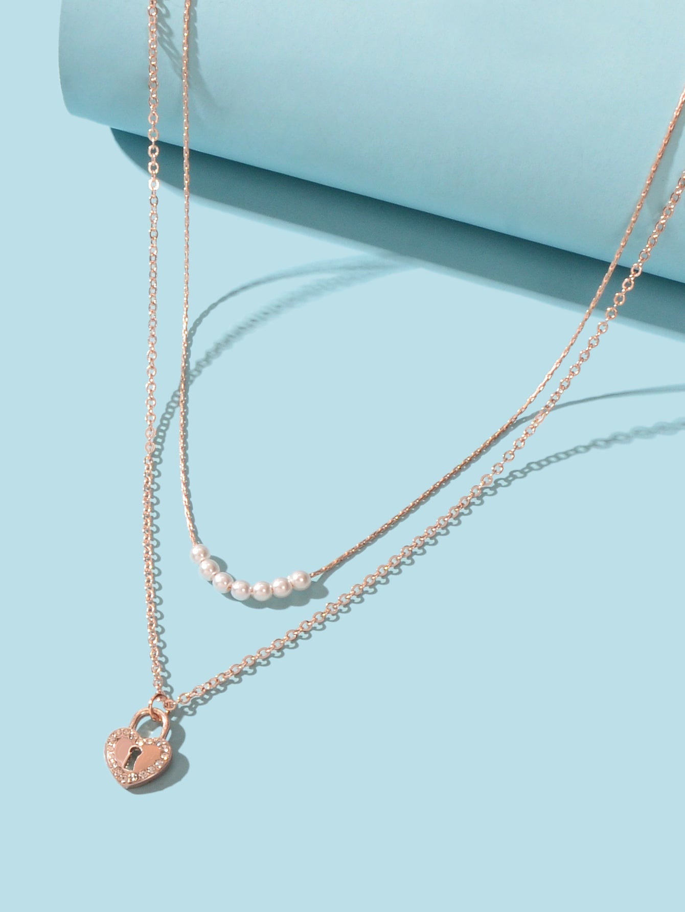 Double Layer Rose Gold Chain String Pearl Heart Lock Pendant Necklace Girlfriend-2
