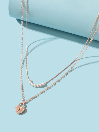 Double Layer Rose Gold Chain String Pearl Heart Lock Pendant Necklace Girlfriend-2