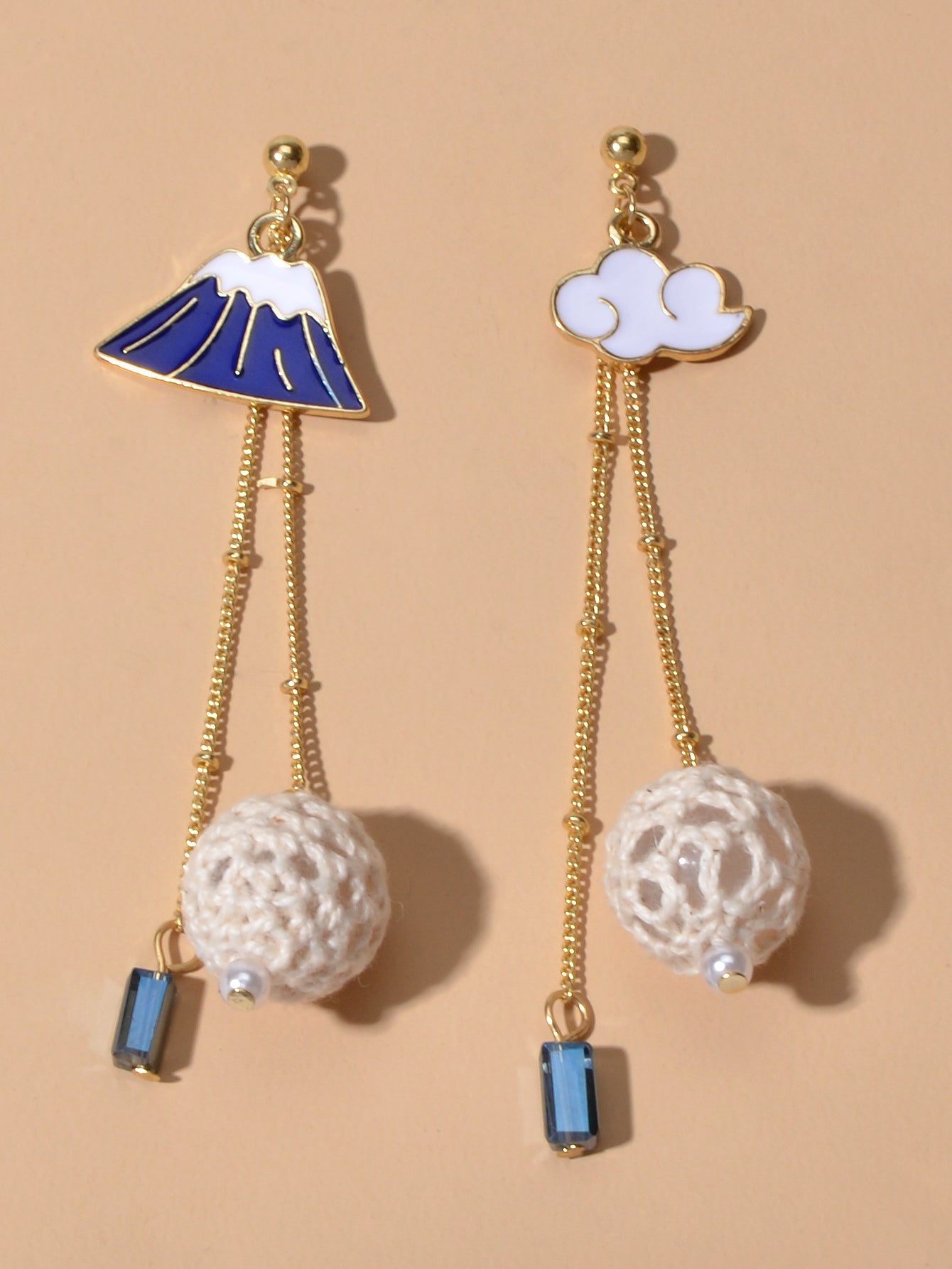 Creative Asymmetric Design Gold Chain Ball White Blue Cloud Mountain Earrings-2