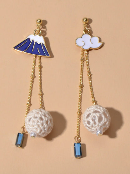 Creative Asymmetric Design Gold Chain Ball White Blue Cloud Mountain Earrings-2