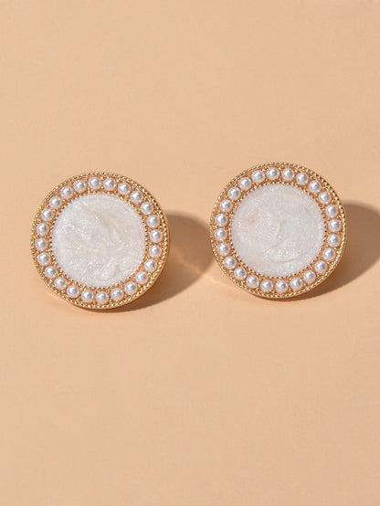 Elegant Pearl Decor Black Enamel Round Stud Earrings Women Dinner Party Jewelry-2