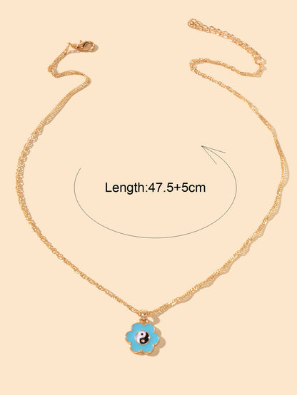 Dainty Gold Chain Yin Yang Tai Chi Blue Flower Charm Best Friends Necklace Gift-2
