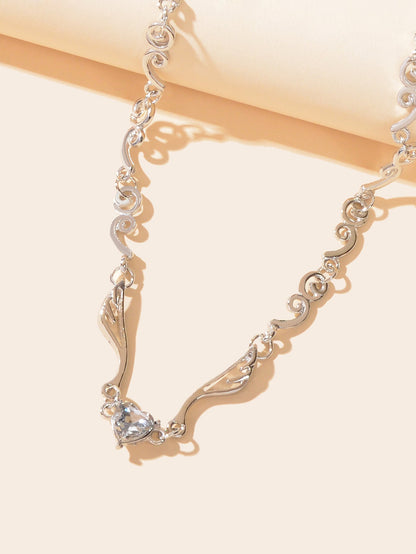 Heart Zircon Wing Design Silver Chain Clavicle Bridal Necklace for Wedding Prom-2