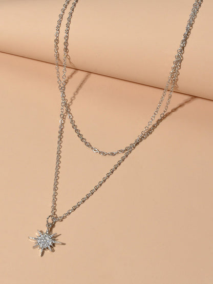Trendy Jewellery Double layer Silver Chain Rhinestone Decor Star Charm Necklace-2