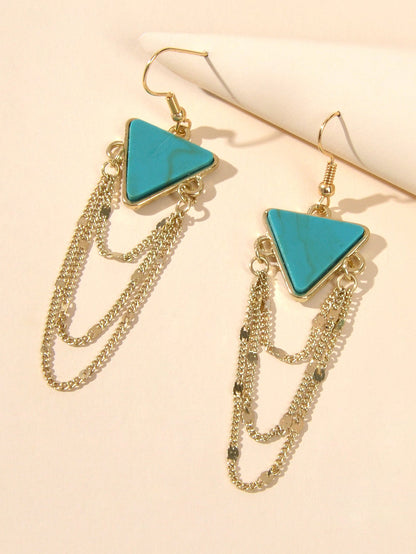Boho Chic Jewellery Gold Chain Tassel Dangle Turquoise Triangle Ethnic Earrings-2