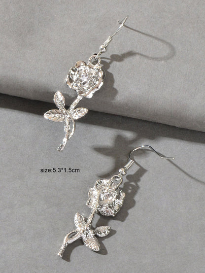 Party Decoration Women Silver Plated Flower Rose Carved Dangle Pendant Earrings-2