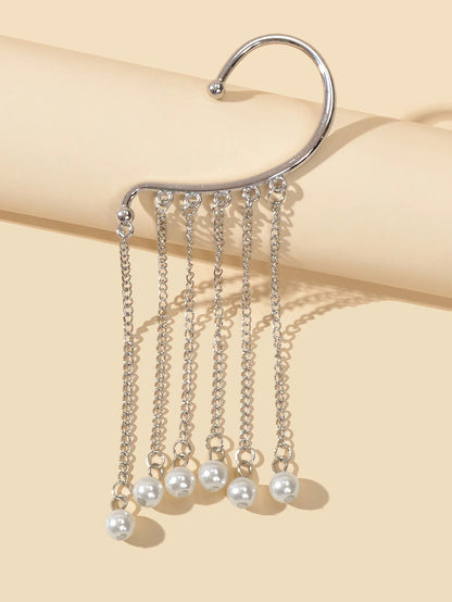 1 pc Fashion Pearl Silver Long Chain Tassel Big Ear Cuff Statement Earrings-2