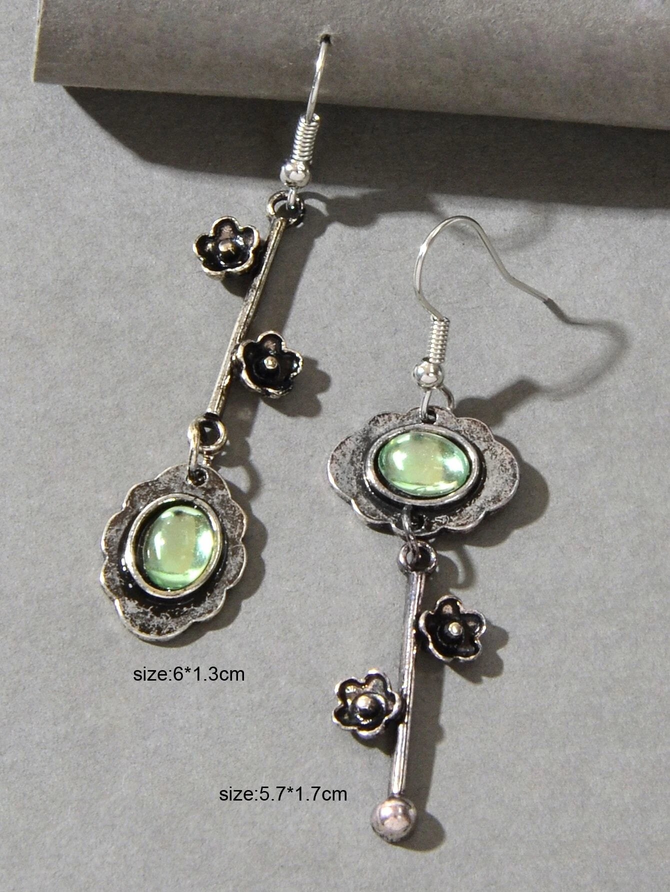 Green Blue Crystal Antique Silver Retro Flower Asymmetric Earrings Vintage Gift-2