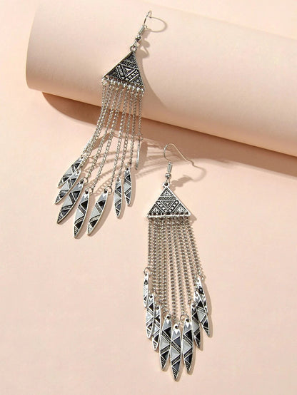 Tribal Ethnic Antique Silver Chain Tassel Geometric Charm Bohemian Earrings Gift-2
