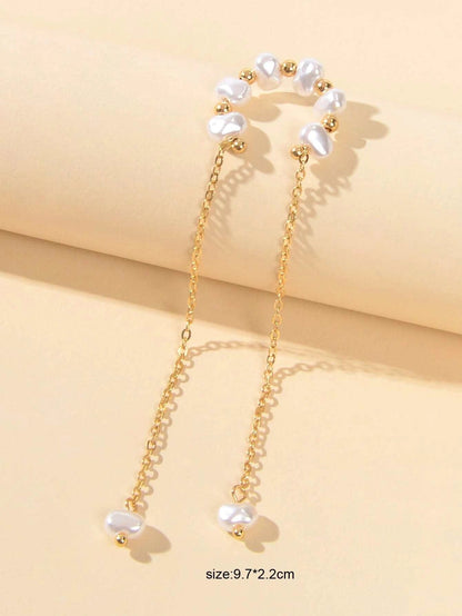 1 pc Fashion Pearl Long Gold Chain Ear Cuff Cartilage Dangle Earrings Accessory-2