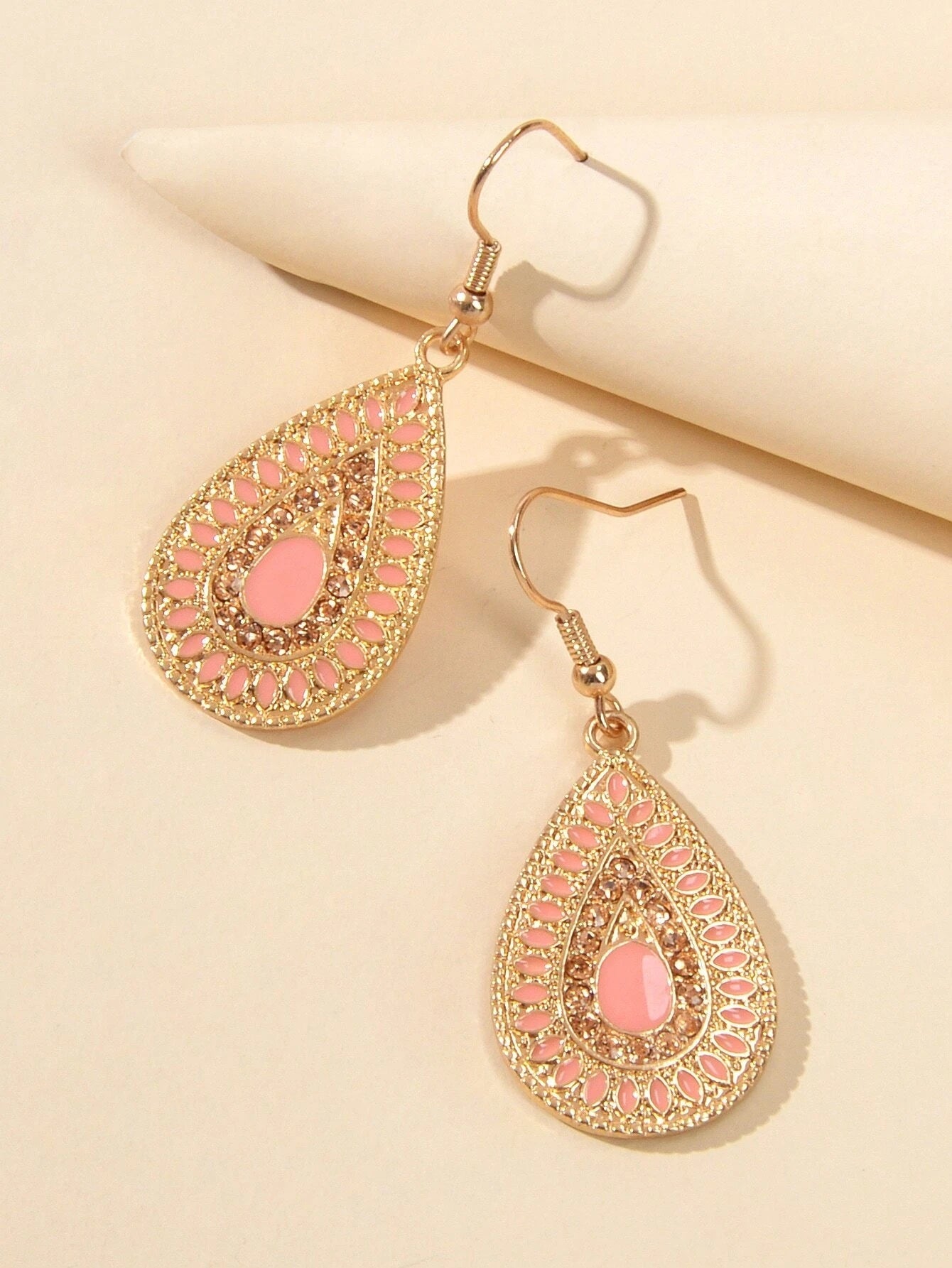 Rhinestone Pink Enamel Water Drop Earrings Teardrop Crystal Dangle Hook Ear Stud-2