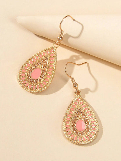 Rhinestone Pink Enamel Water Drop Earrings Teardrop Crystal Dangle Hook Ear Stud-2