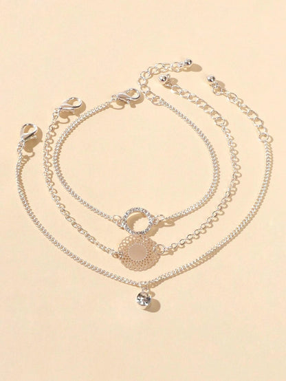 3 pcs/set Fashion Jewellery Silver Chain Rhinestone Circle Charm Bracelet Gift-2