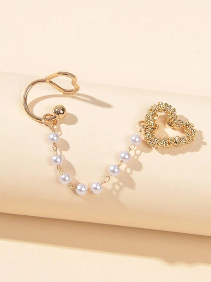 1pc Designer Jewelry Ear Cuff Pearl Gold Chain Heart Love Stud Cartilage Earring-2