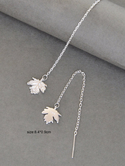 Minimalist Silver Tassel Maple Leaf Long Chain Threader Dangle Earrings Ear Line-3