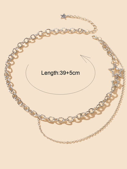 Designer Style Rhinestone Decor Gold Layered Chain Star Charm Clavicle Necklace-3